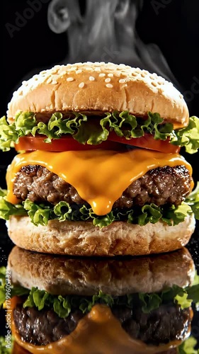 Delicious Cheeseburger with Fresh Ingredients and a Smoky Background