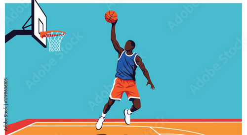 Dynamic basketball player soaring towards the hoop for a powerful slam dunk on a modern court with vibrant colors - perfect for sports marketing