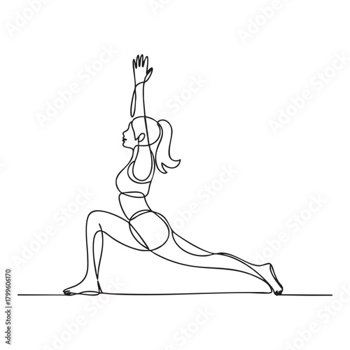 Woman in Warrior I yoga pose continuous line drawing warrior pose fitness