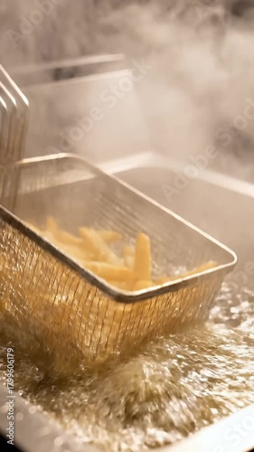 Close-up of golden french fries sizzling and bubbling in hot deep-frying oil, cooked in a metal basket, with steam rising from the kitchen