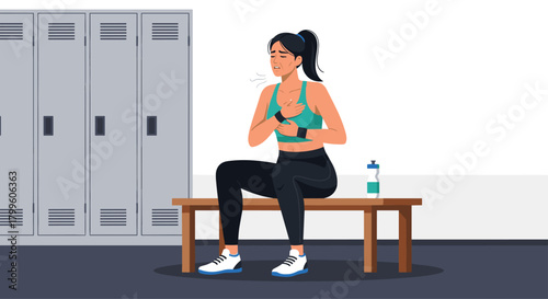 Determined athlete feeling chest discomfort after intense workout in the locker room, emphasizing the importance of health and recovery