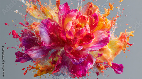カラフルな花と絵の具が爆発する、ダイナミックなスプラッシュ写真