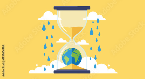 Urgent climate change message: Time is running out for planet Earth with rising sea levels shown in a symbolic hourglass and rain
