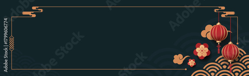 Minimal Chinese New Year Banner Frame; Dark Oriental Background with Lanterns; Luxury Asian Greeting Card Template. Vector design