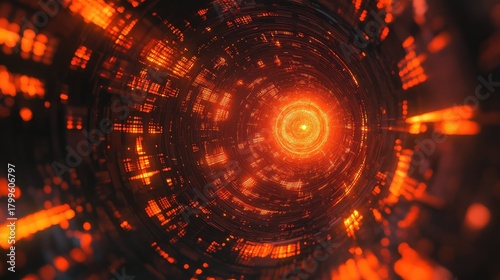 Fototapeta Naklejka Na Ścianę i Meble -  Abstract digital tunnel with glowing orange data stream