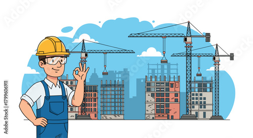 Construction worker gives okay sign at a modern building site with tower cranes, perfect for construction, architecture and real estate themes