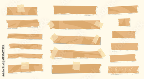 A collection of ripped and torn brown paper tape strips with adhesive backing and tape.