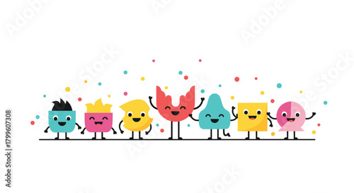 A group of cute geometric shapes with happy faces and arms waving under colorful confetti.