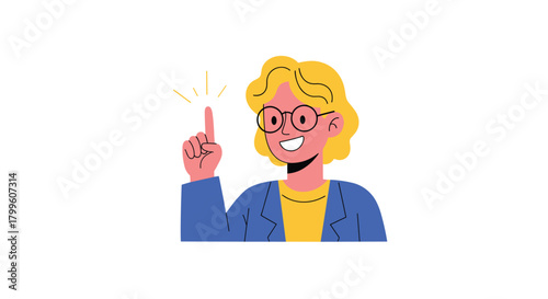 A person with blonde hair and glasses raises their index finger with a spark of light above it.