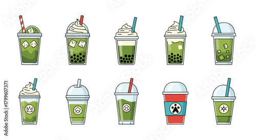 Collection of cute pixel art green drinks with various toppings and straws