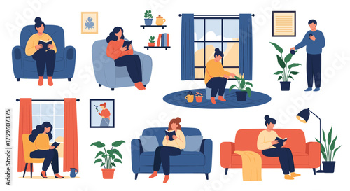 People enjoying relaxing activities at home with books and plants.