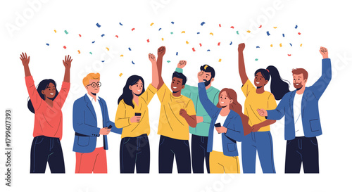 A diverse group of people celebrating together with confetti falling around them.