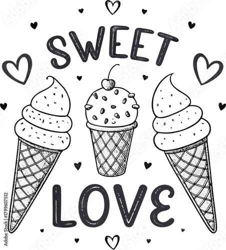 Hand drawn vector illustration of cute ice cream cones, with text Sweet love. Isolated objects on white background. Soft Ice Cream Design concept dessert, kids, greeting card, motivational poster.	
