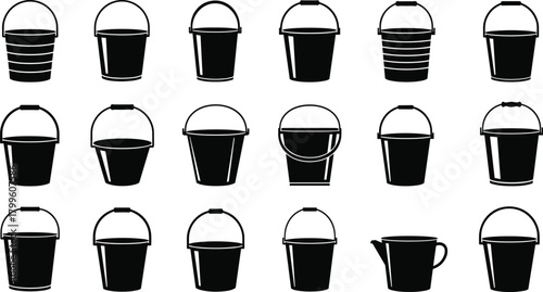 Collection of various bucket silhouettes featuring different shapes, handles, containers, pails, and utility vessels for cleaning, gardening, and household purposes