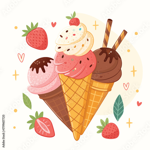 Hand drawn vector illustration of cute ice cream cones, with text Sweet love. Isolated objects on white background. Soft Ice Cream Design concept dessert, kids, greeting card, motivational poster.	
