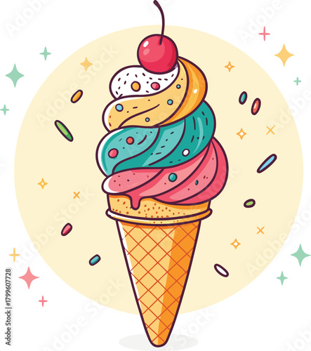 Hand drawn vector illustration of cute ice cream cones, with text Sweet love. Isolated objects on white background. Soft Ice Cream Design concept dessert, kids, greeting card, motivational poster.	
