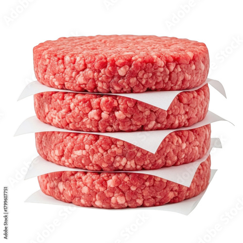 Stack of four raw ground beef burger patties on white paper, ready for grilling or cooking, showcasing fresh and uncooked meat for a delicious meal