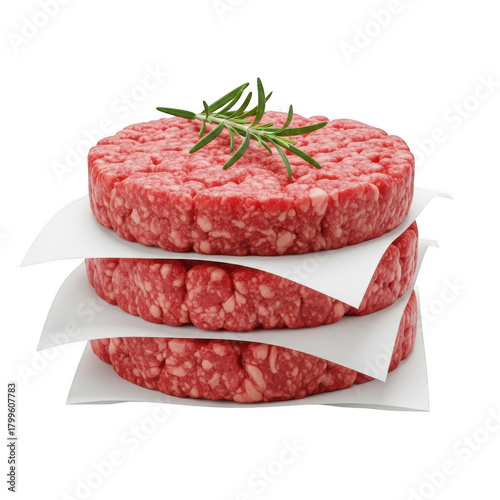 Three raw hamburger patties stacked on white paper and garnished with rosemary perfect for grilling, cooking, and enjoying a delicious burger