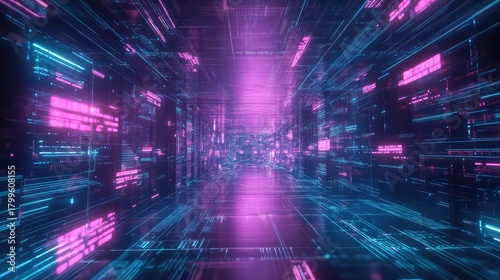 Fototapeta Naklejka Na Ścianę i Meble -  Digital data streaming in futuristic network tunnel