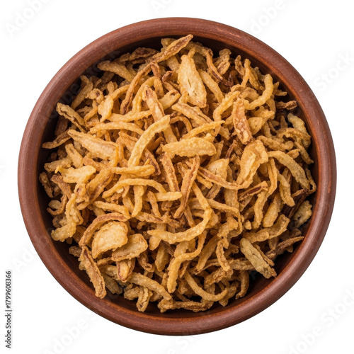 Overhead shot of crispy fried onion topping in a brown bowl, perfect for adding flavor and texture to dishes like casseroles and salads