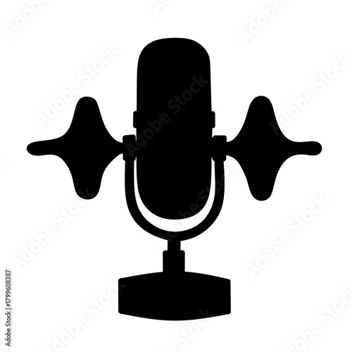  A black vector silhouette of a studio microphone with abstract sound waves, ideal for podcasting, broadcasting, and audio recording projects.