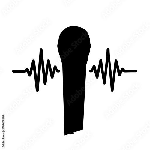  A black vector silhouette of a studio microphone with abstract sound waves, ideal for podcasting, broadcasting, and audio recording projects.