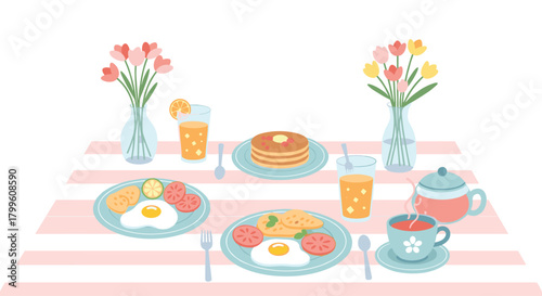Delicious breakfast spread with pancakes, eggs, juice, and tea, perfect for a bright and cheerful morning, inviting and appetizing arrangement
