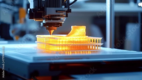 High tech 3d printer in a science lab building a physical architectural model with orange molten plastic, demonstrating modern additive manufacturing technology and rapid prototyping