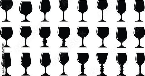 “Collection of wine glass silhouettes with elegant stem shapes, drinkware icons for bar design, beverage illustration, restaurant menu graphic elements set”