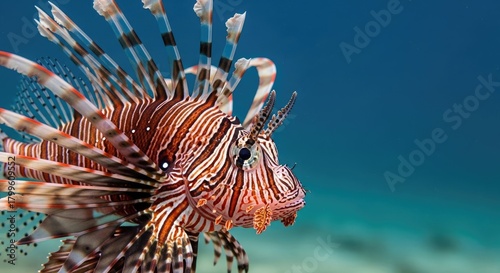 A Close-Up of the Striking Lionfish: An Invasive Species Undersea Portrait with Unique Fin Structure and Distinct Coloration