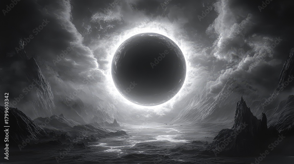 Fototapeta premium Black and white planetary eclipse over desolate fantasy landscape