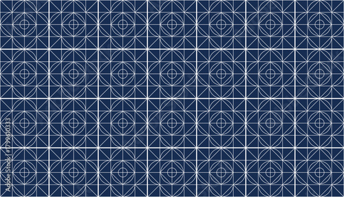 Elegant and precise geometric seamless pattern with a clean, grid-based architectural style. The design features thin white lines forming a complex arrangement of squares and intersecting quarter