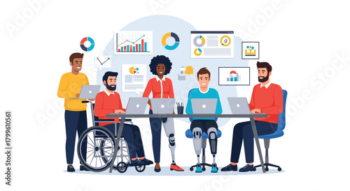 Inclusive team collaboratively analyzing data in modern workspace, fostering diversity and driving innovation with laptop technology