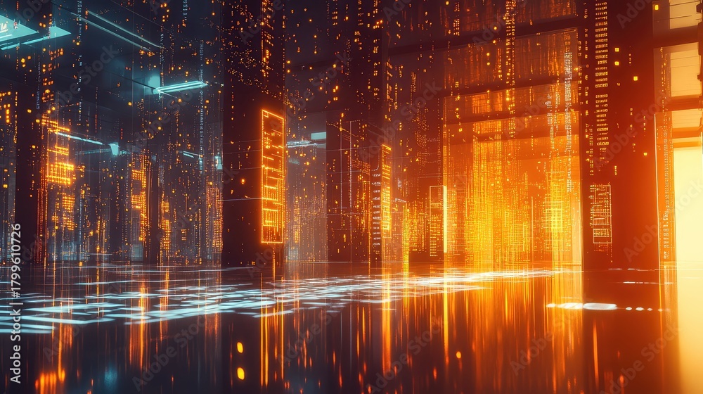 Fototapeta premium Digital data flowing through abstract server room network architecture