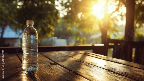 A clear plastic bottle of water rests on a weathered wooden table outdoors with the sun setting behind lush green trees