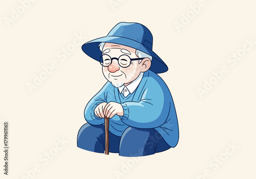 Cartoon Illustration of an Elderly Man with a Cane 1.