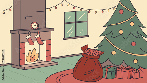Christmas scene with tree fireplace and gifts holiday season vector illustration christmas decoration
