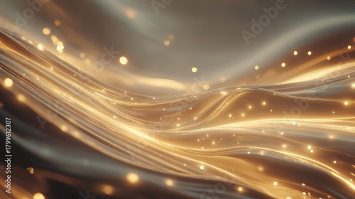 Abstract flowing golden waves with glowing bokeh particles