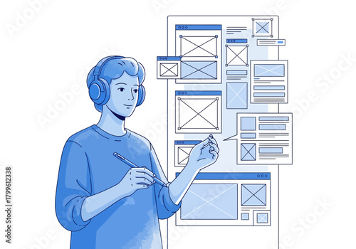UIUX Designer Creating Website Wireframes with Headphones.