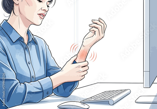 Woman experiencing wrist pain from computer use 1.