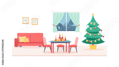 Christmas living room scene with tree sofa and dining table holiday season vector illustration design