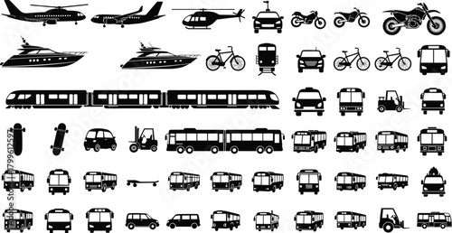 Large collection of transportation vehicle silhouettes including cars buses trains planes boats motorcycles bicycles icons for travel design and logistics graphics