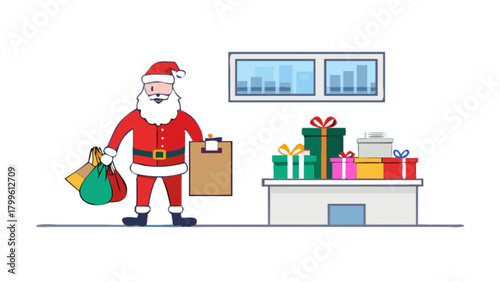 Santa claus delivering christmas gifts and presents for holiday season vector illustration