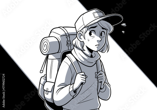 Worried Hiker with Backpack in Black and White.
