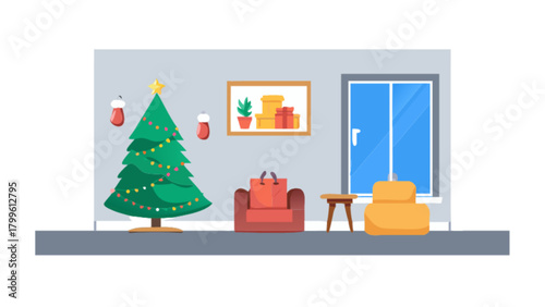 Christmas holiday home interior scene with tree gifts and cozy furniture vector illustration design