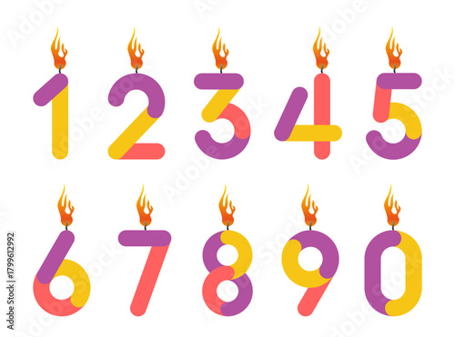 Candles in the shape of a number and fire on a wick. Figures with flame. Birthday, holiday, anniversary, party, decor, talisman. Burning colorful candles in the form of numbers. Decoration for a banne