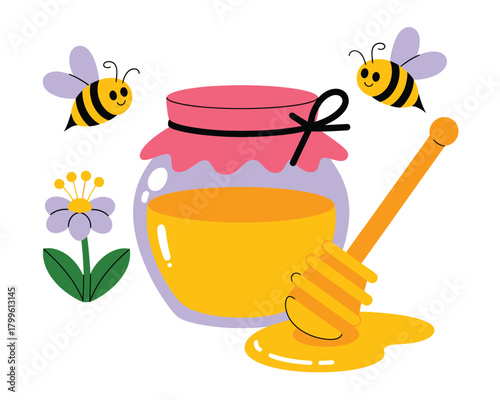 Cute cartoon bees flying around a jar of golden honey with a honey dipper