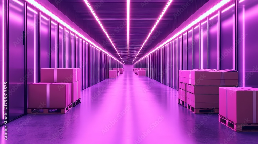 Fototapeta premium Futuristic warehouse storing parcels on pallets in purple light