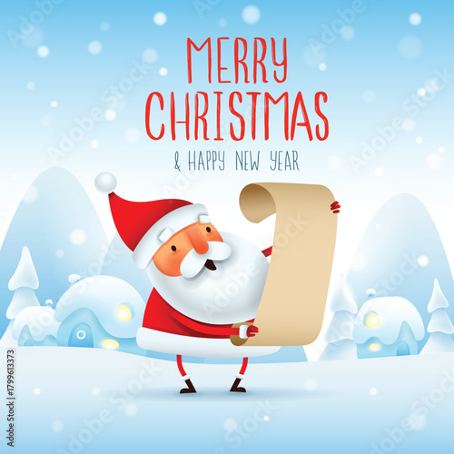 Santa checking list in Christmas snow scene
