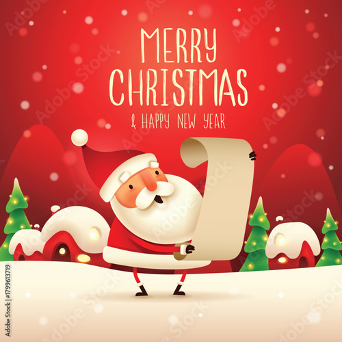 Santa checking list in Christmas snow scene